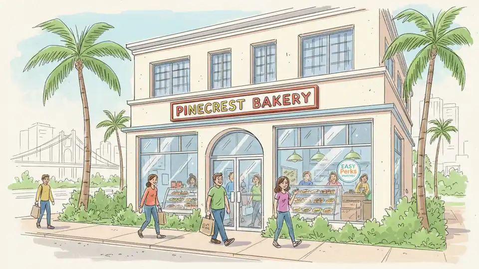 Pinecrest Bakery storefront with customers entering, showing EASY Perks partner decal in window