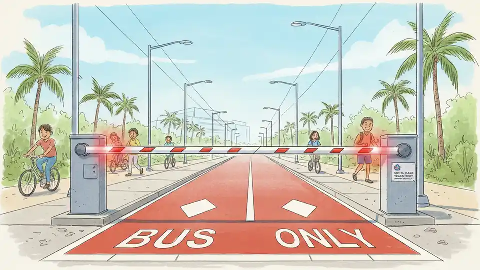 Rail-like gate arm lowered at South Dade TransitWay intersection with warning lights activated and dedicated bus lane visible