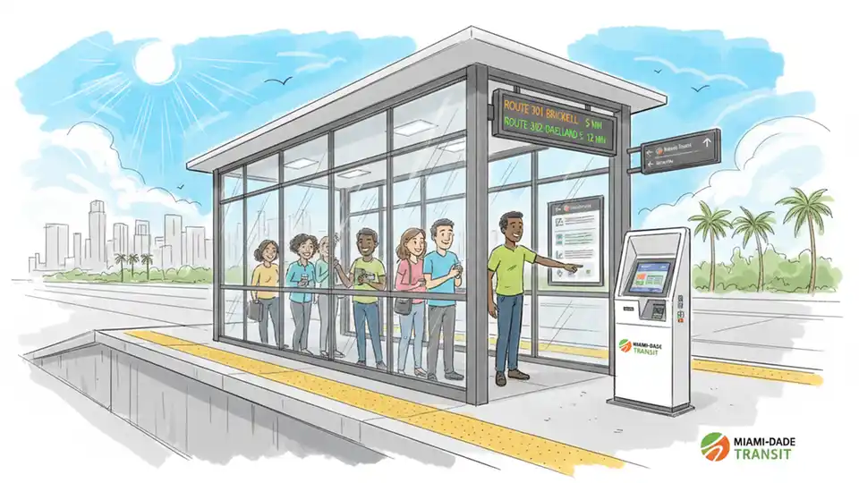 Modern BRT station platform with air-conditioned vestibule, digital arrival display, and fare collection kiosk along South Dade TransitWay