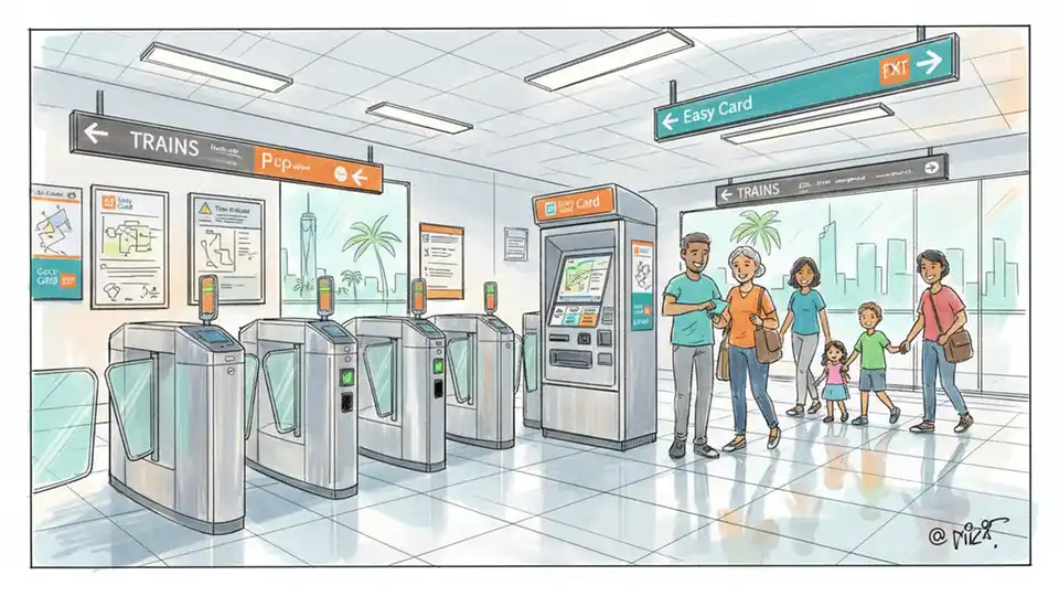 Metrorail fare gate and ticket vending machine at Miami-Dade transit station with EASY Card payment signage