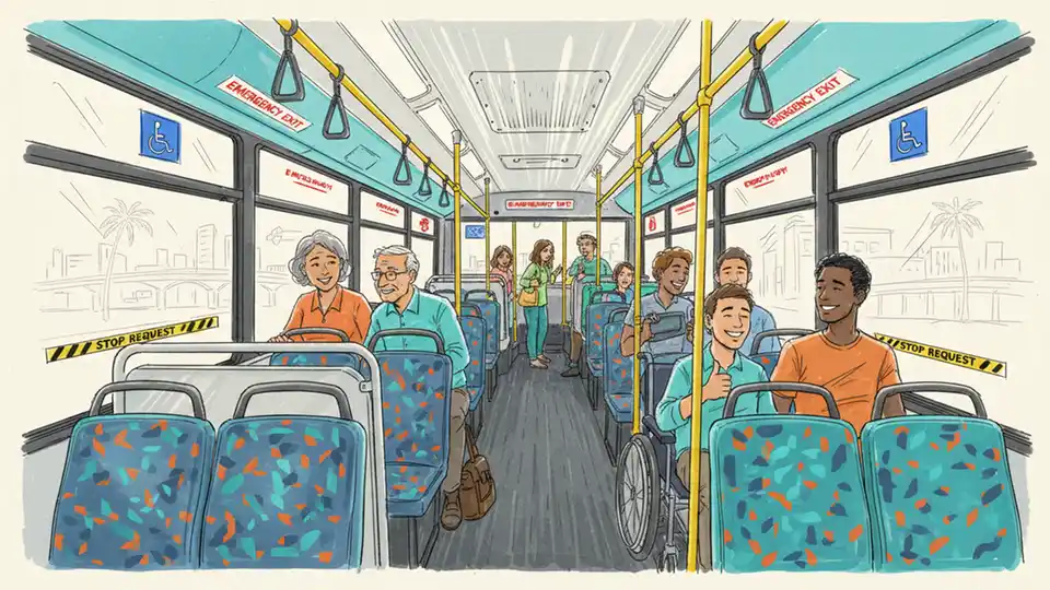 Miami-Dade Transit bus interior showing safety signage and passenger seating area