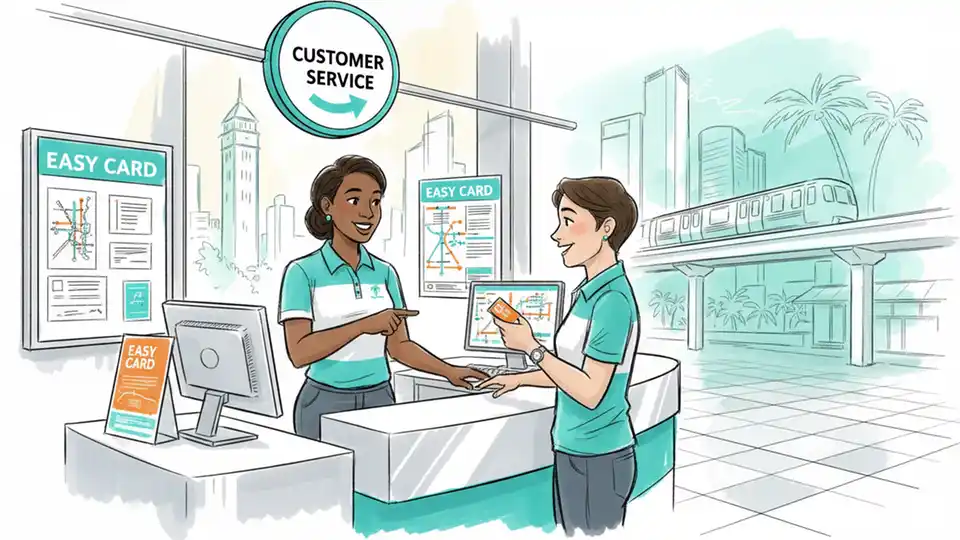 Customer service representative assisting transit rider with fare card at help desk inside station