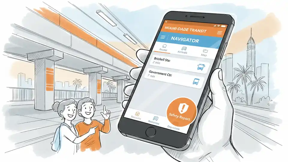 Close-up of smartphone screen showing transit app interface with safety reporting button at Miami Metrorail station