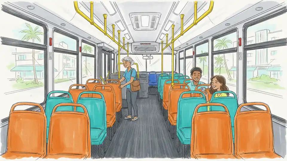 Interior of Miami-Dade Metrobus showing passenger seating area and handrails