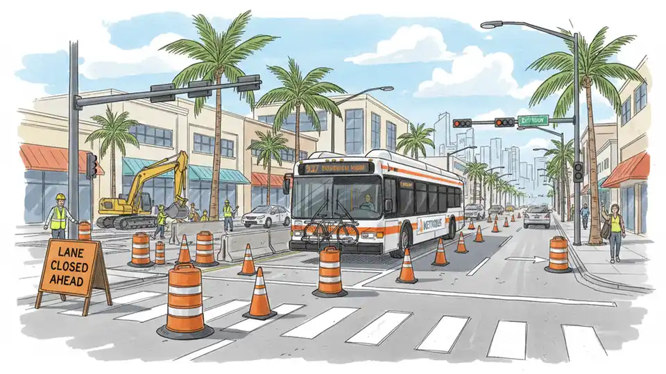 Transit bus passing construction zone on urban arterial road with traffic cones