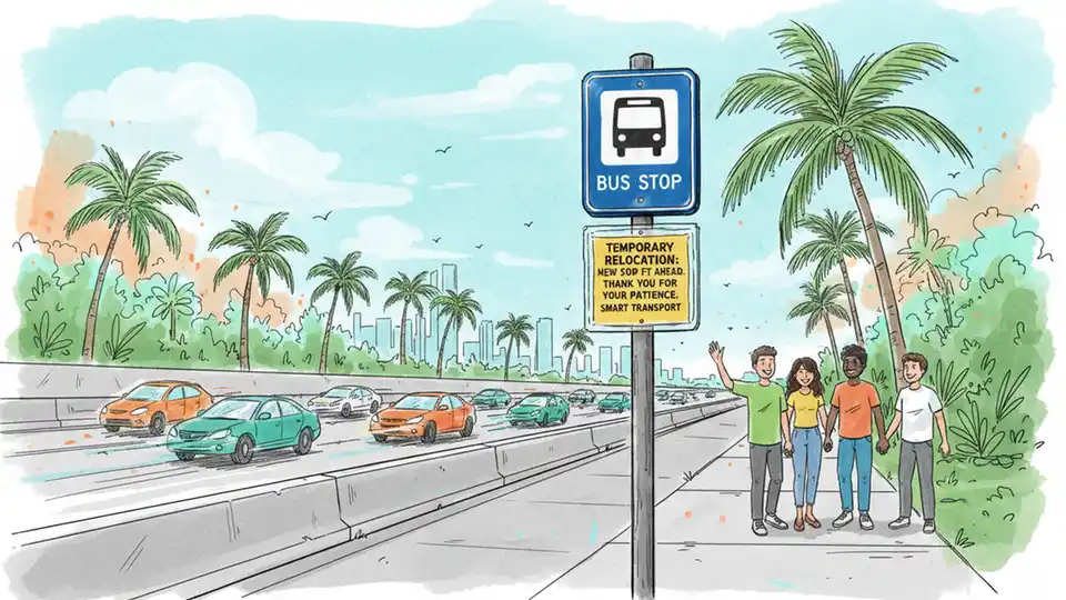 Temporary bus stop sign with relocation notice posted on pole along highway
