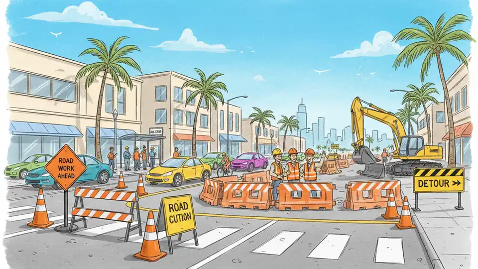 Construction zone on urban road with traffic cones and detour signs near bus route