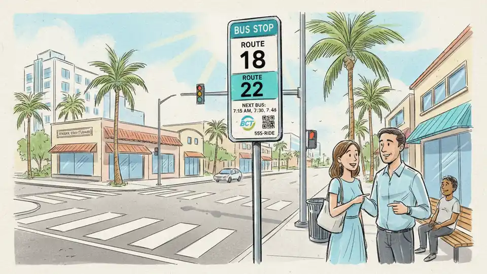 Broward County Transit bus stop sign with route number and schedule information mounted on pole at urban intersection