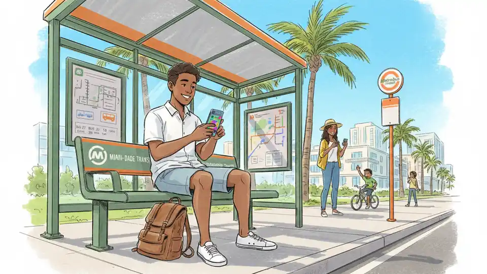 Transit rider waiting at bus stop with smartphone checking transit information