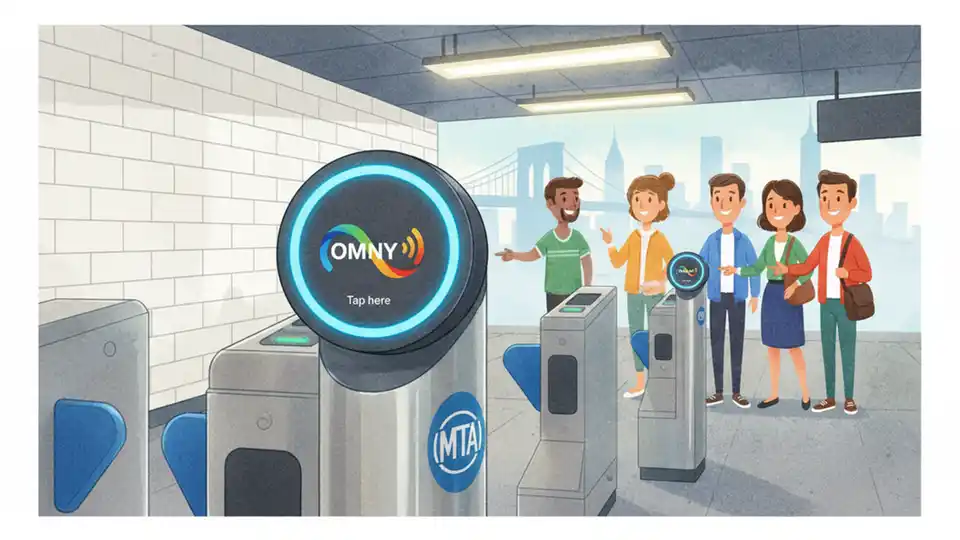 Close-up of OMNY contactless payment card reader on subway turnstile with MTA branding visible