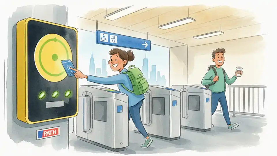 Close-up of PATH fare card reader at station entrance with accessibility signage in background