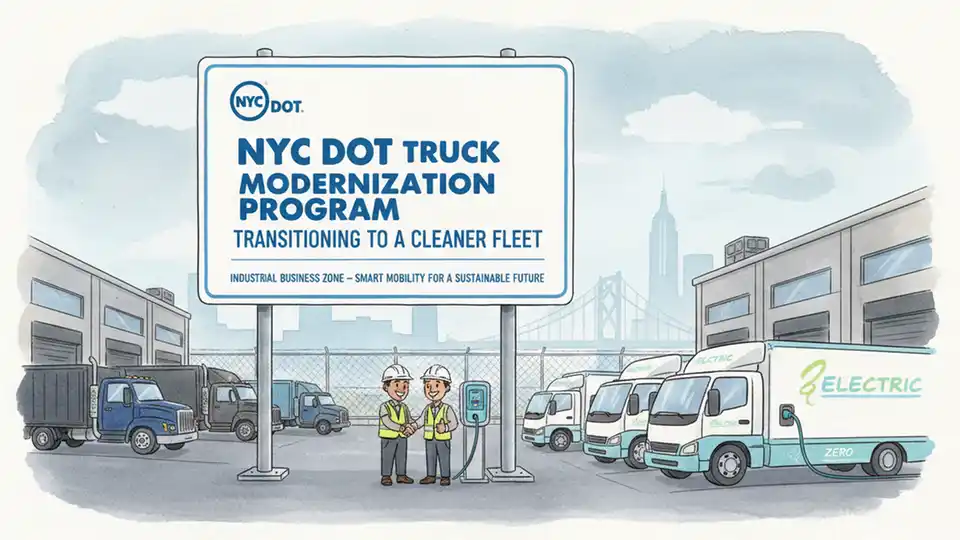 NYC Department of Transportation truck replacement program signage at industrial business zone with diesel and electric trucks in background