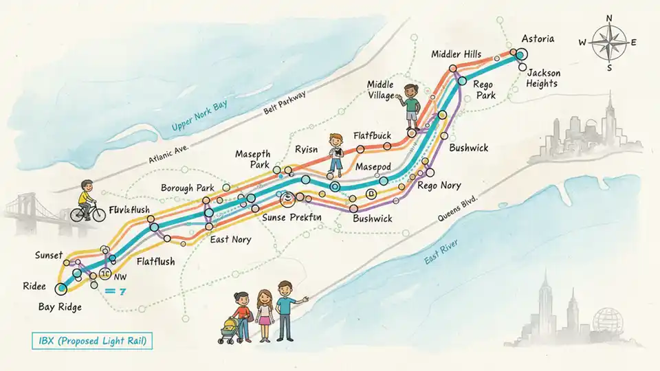 Map showing Brooklyn and Queens with proposed IBX light rail route connecting multiple subway lines and bus routes across the two boroughs
