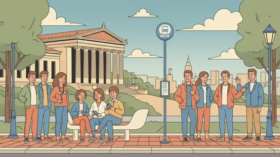 Philadelphia Museum of Art exterior with SEPTA bus stop sign and transit riders waiting for service