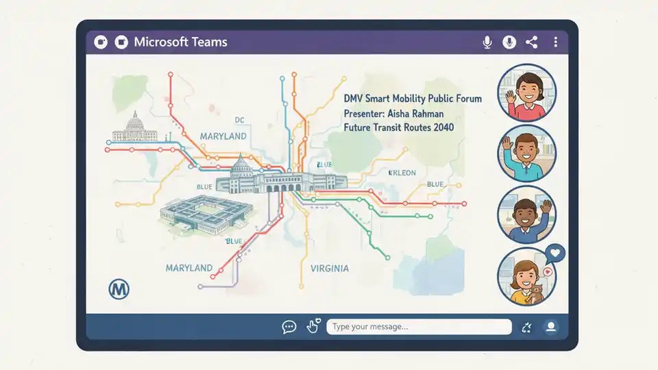 Virtual public meeting screen showing transit route map presentation with Microsoft Teams interface