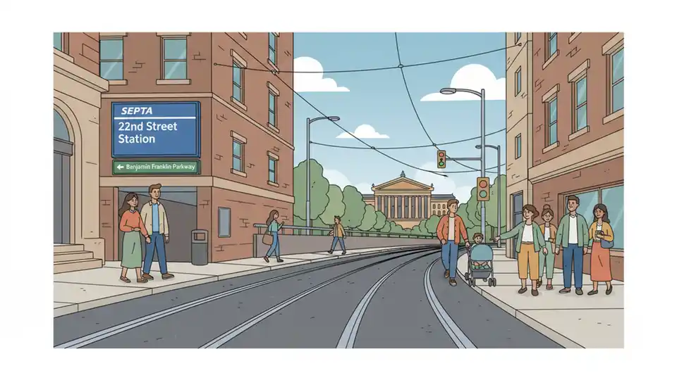 SEPTA 22nd Street Station entrance with trolley tracks and directional signage to Benjamin Franklin Parkway