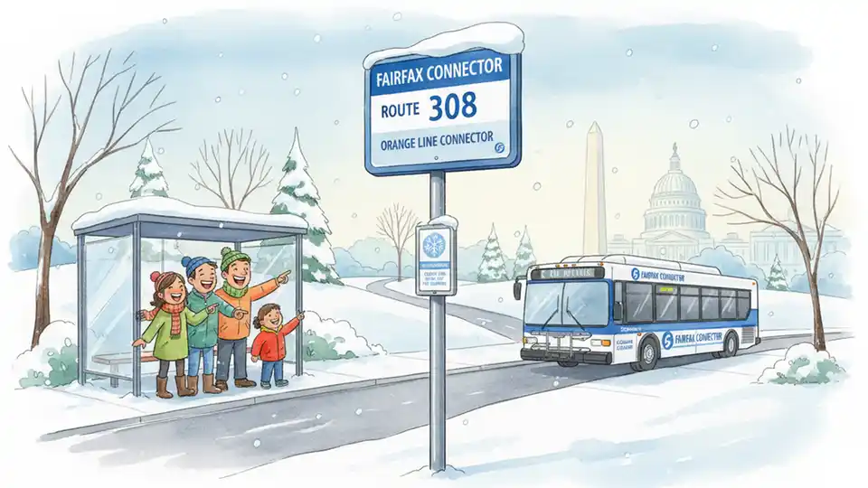 Fairfax Connector bus stop sign with snow accumulation and winter weather advisory information