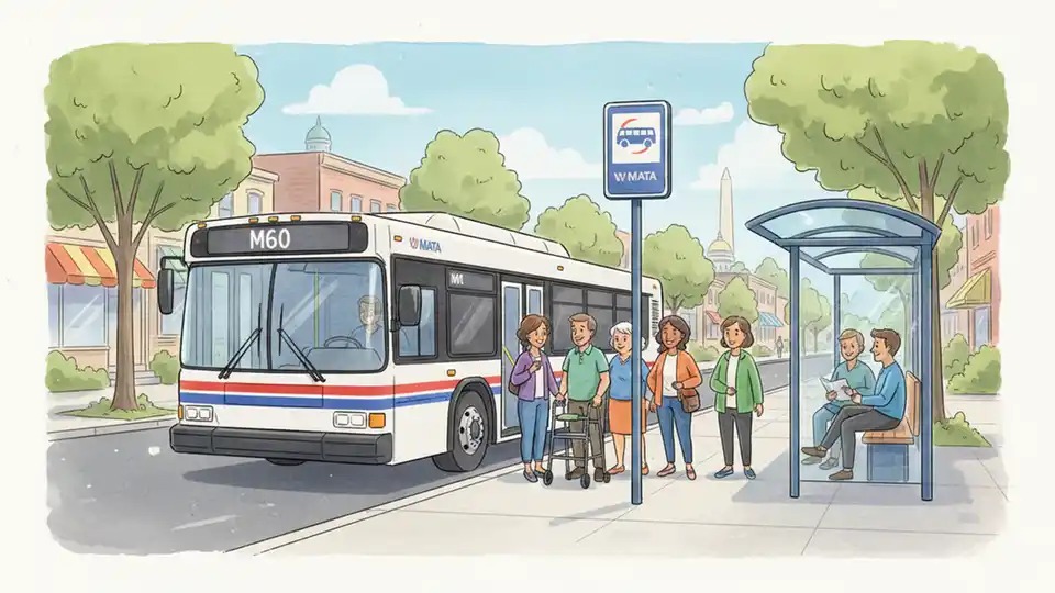 WMATA M60 bus stopped at a bus stop on New Hampshire Avenue with passengers waiting to board