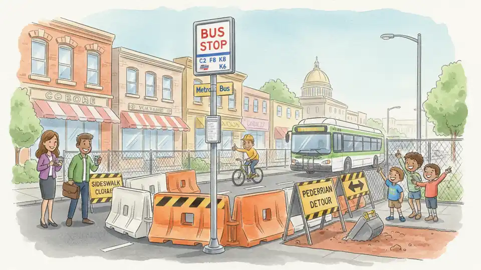 Bus stop sign on New Hampshire Avenue with construction barriers and detour signage visible
