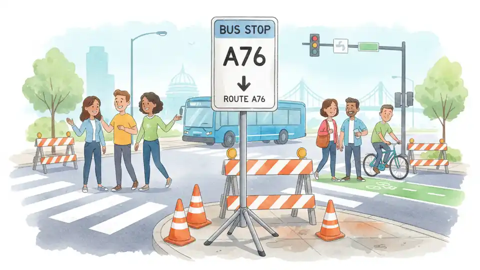 Bus stop sign with Route A76 designation at a temporary location near a street intersection, with construction barriers visible in the distance
