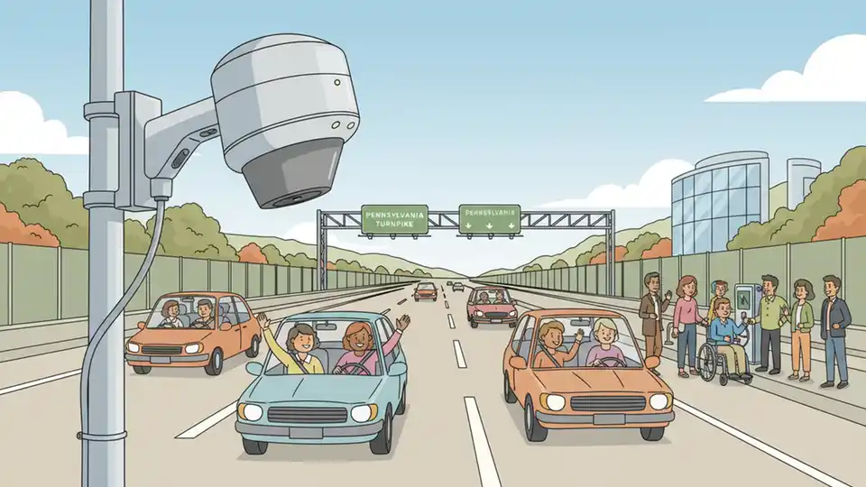 Radar traffic detection equipment mounted on highway infrastructure with Pennsylvania Turnpike in background