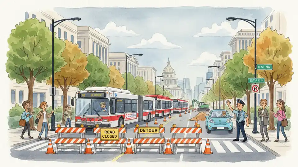 Downtown Washington DC street closure with detour signs and transit buses rerouting