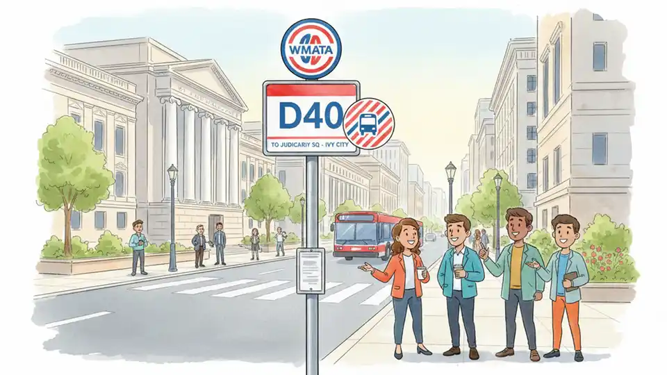 WMATA bus stop sign showing route D40 information with downtown Washington street scene in background