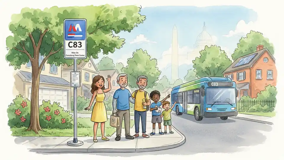 WMATA bus stop sign with route number C83 displayed at residential street corner