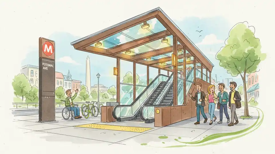 Metro escalator entrance with overhead canopy structure protecting riders from weather elements