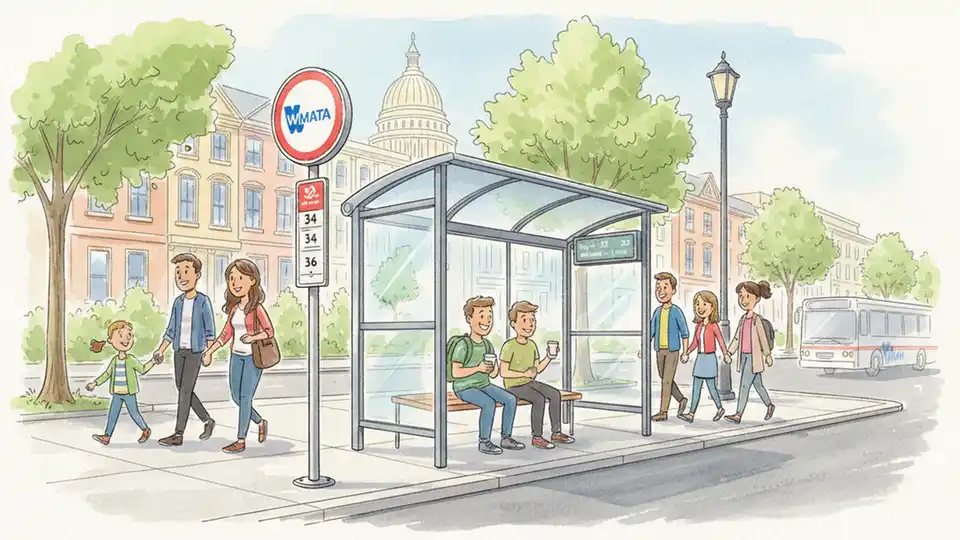 WMATA bus stop sign and shelter on Pennsylvania Avenue SE with route information displayed