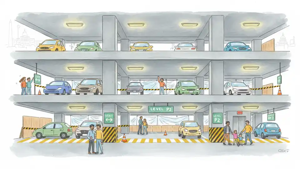 Metro parking garage interior showing multiple levels with cars and directional signage during construction period
