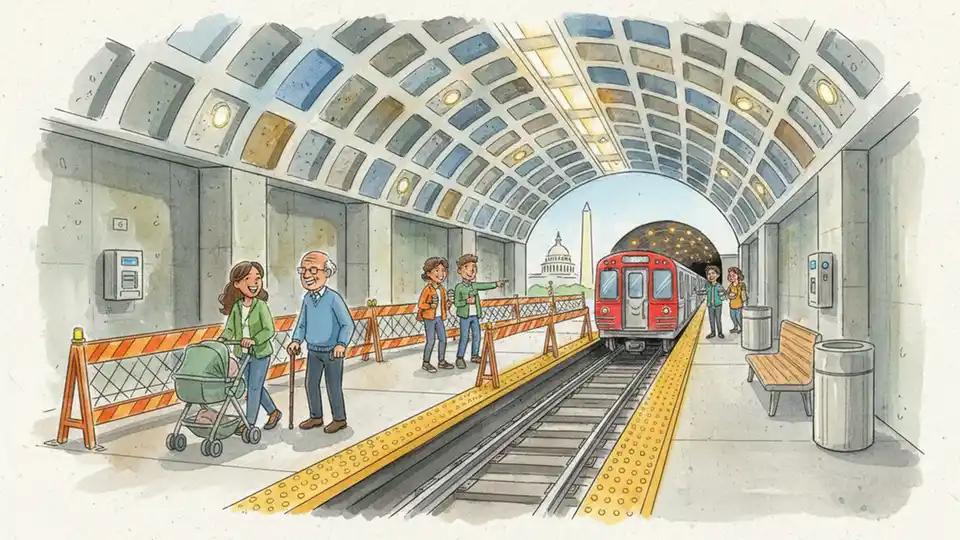 Metro platform at Silver Spring Station with protective construction barrier and accessible pathways for passenger boarding