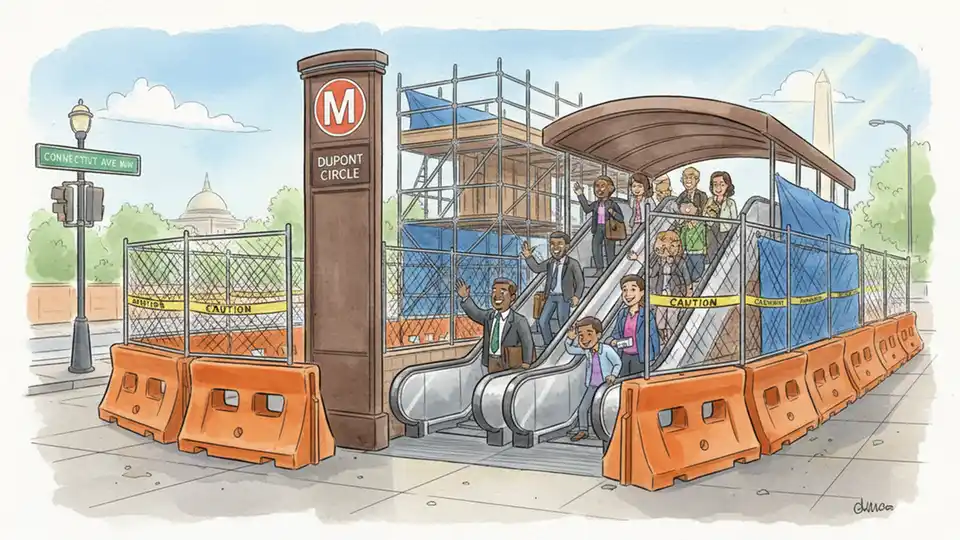 Washington Metro station entrance construction with temporary barriers and active escalators serving commuters
