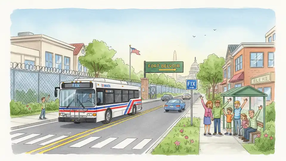 WMATA F1X bus on suburban road with Fort Belvoir signage visible in background, showing typical route environment near military installation