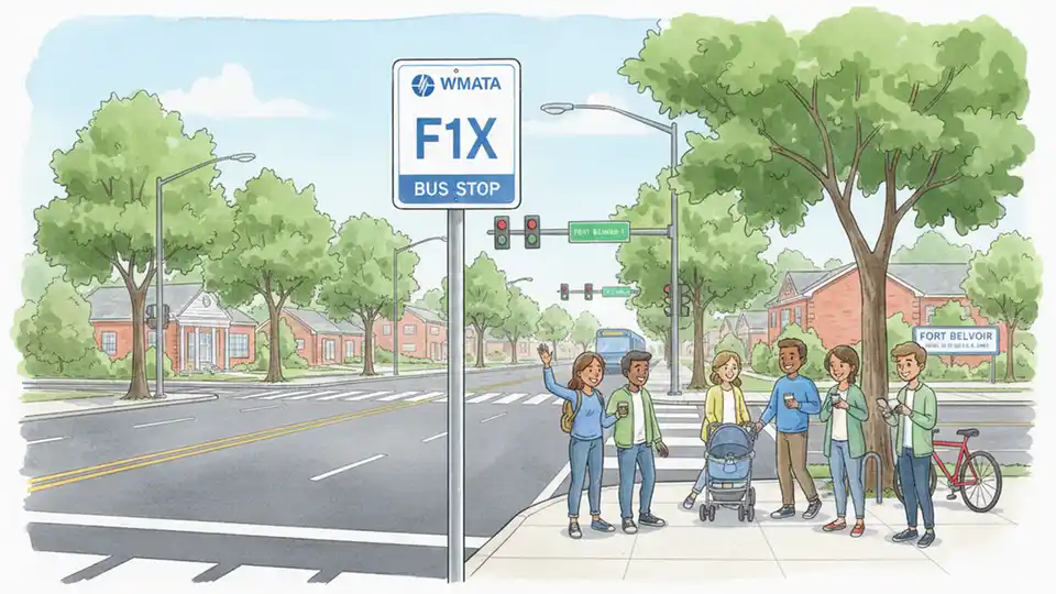 WMATA bus stop sign showing F1X route number with suburban Virginia street intersection in background, typical of Fort Belvoir area
