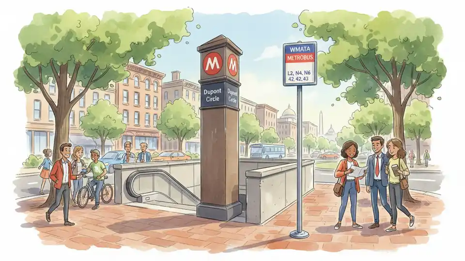 Dupont Circle Metro station entrance with bus stop sign showing route numbers
