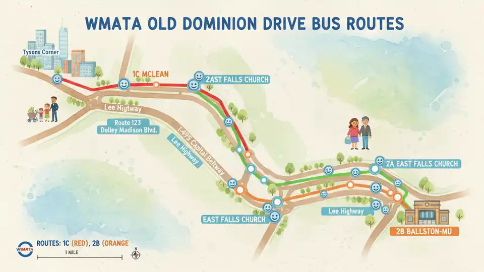 WMATA bus route map showing Old Dominion Drive corridor with stop locations marked