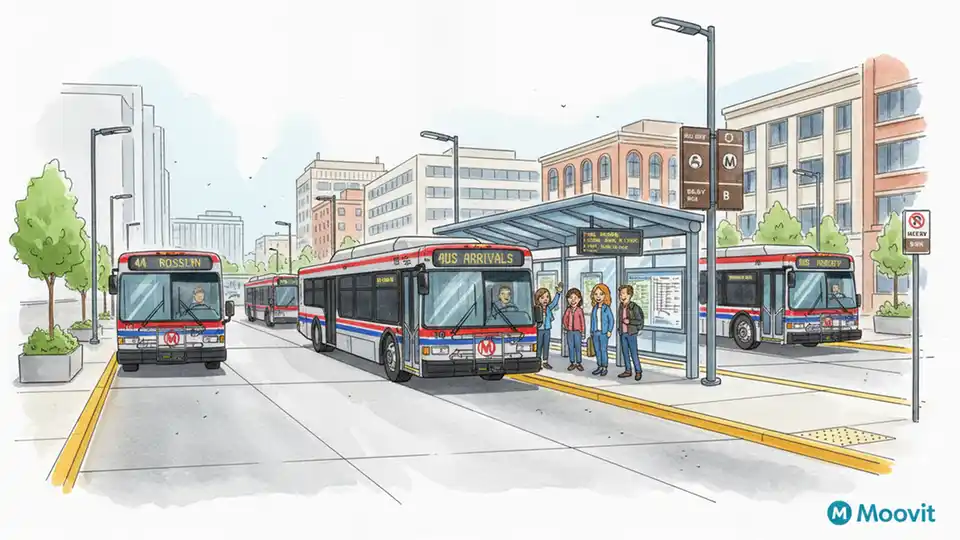 Ballston Metro station bus bay with multiple WMATA buses, showing covered boarding area and route information displays, typical of major transit hub infrastructure