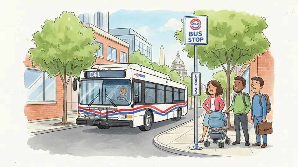 WMATA Route C41 bus approaching alternate bus stop with stop identification number visible on pole-mounted sign