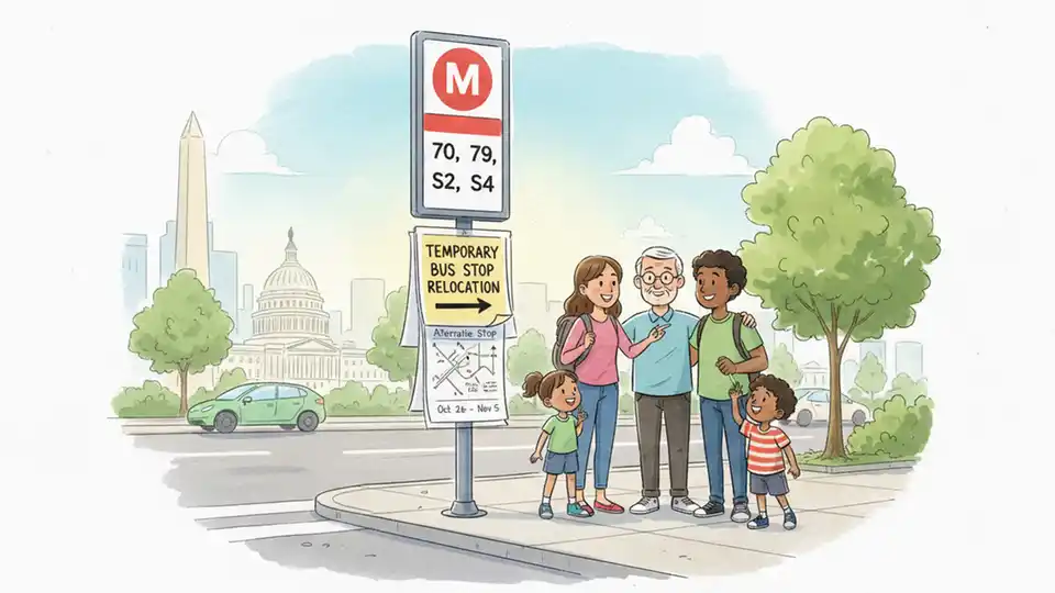 Metro bus stop sign with temporary relocation notice and detour information posted