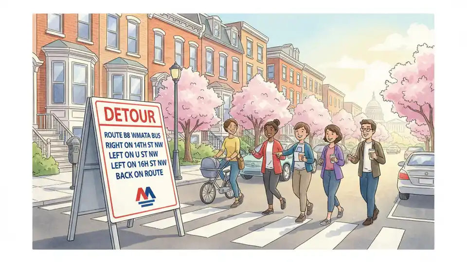 WMATA bus route detour sign showing alternate route directions in Washington DC neighborhood