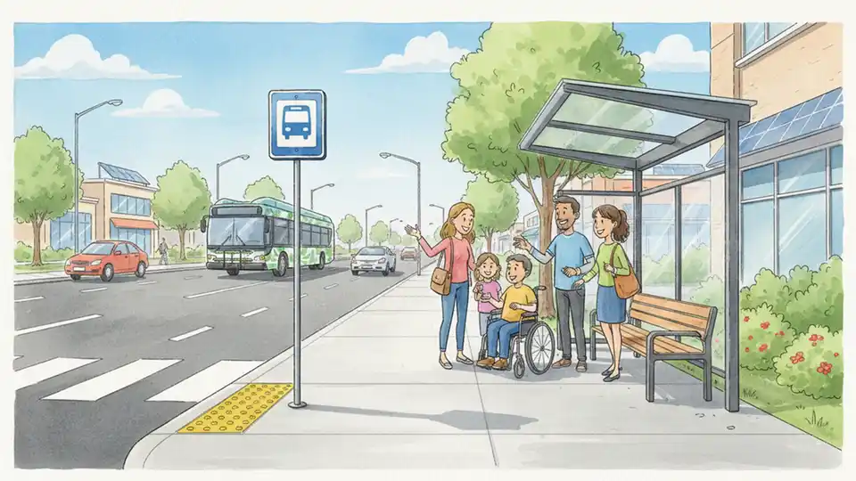 New ADA-compliant bus stop with concrete accessibility pad and tactile warning strips on Indian Head Highway
