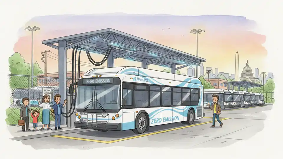 Electric transit bus charging at depot station with modern infrastructure