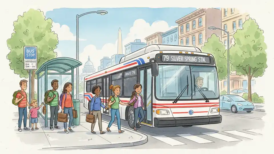Modern city bus at urban transit stop with passengers boarding during daytime