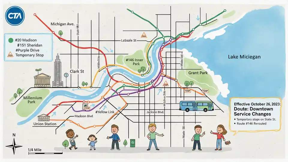 CTA route map showing downtown bus routes with temporary stop locations marked
