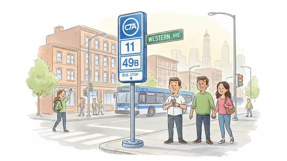 CTA bus stop sign showing route numbers 11 and 49B with Western Avenue street sign