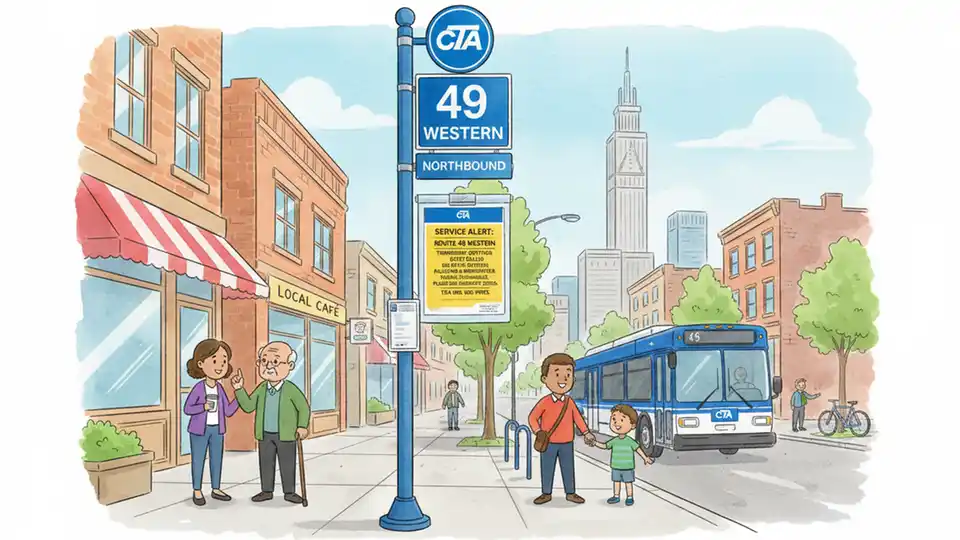 CTA bus stop sign showing Route 49 Western with service alert notification posted