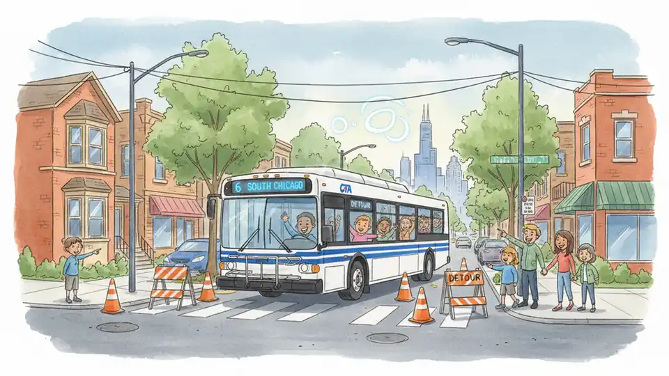 Chicago Transit Authority bus navigating detour route on South Side street
