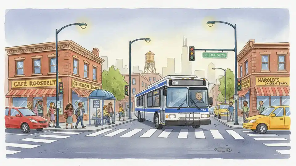 CTA bus at 79th Street and Cottage Grove intersection on Chicago's South Side