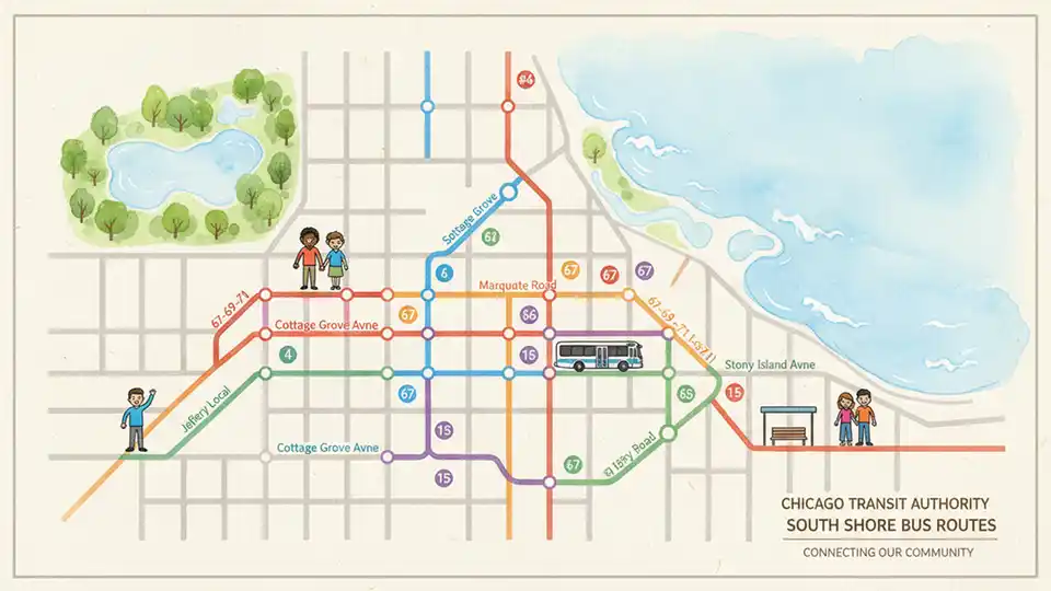 CTA bus route map showing South Shore area with 67th Street, Cottage Grove, Marquette, and Stony Island corridors highlighted